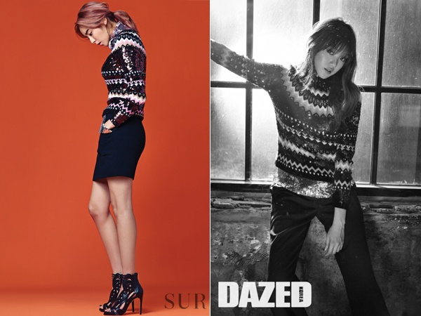 UEE sang trọng khi diện áo len họa tiết và phối sequin hiệu Dior cùng với chân váy ngắn và giày cao gót. Cũng cùng chiếc áo len này, người mẫu kiêm diễn viên Lee Sung Kyung diện với quần dài tạo vẻ khác biệt. 