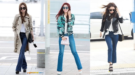Hoc my nhan Han phoi do jeans ong loe o san bay hinh anh
