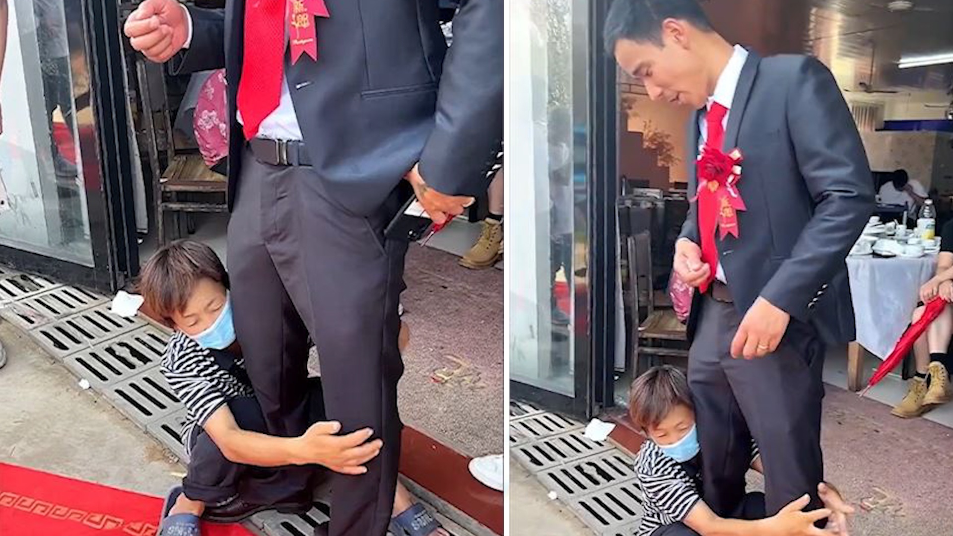 Nguoi phu nu Trung Quoc om chat chan chu re de xin tien hinh anh