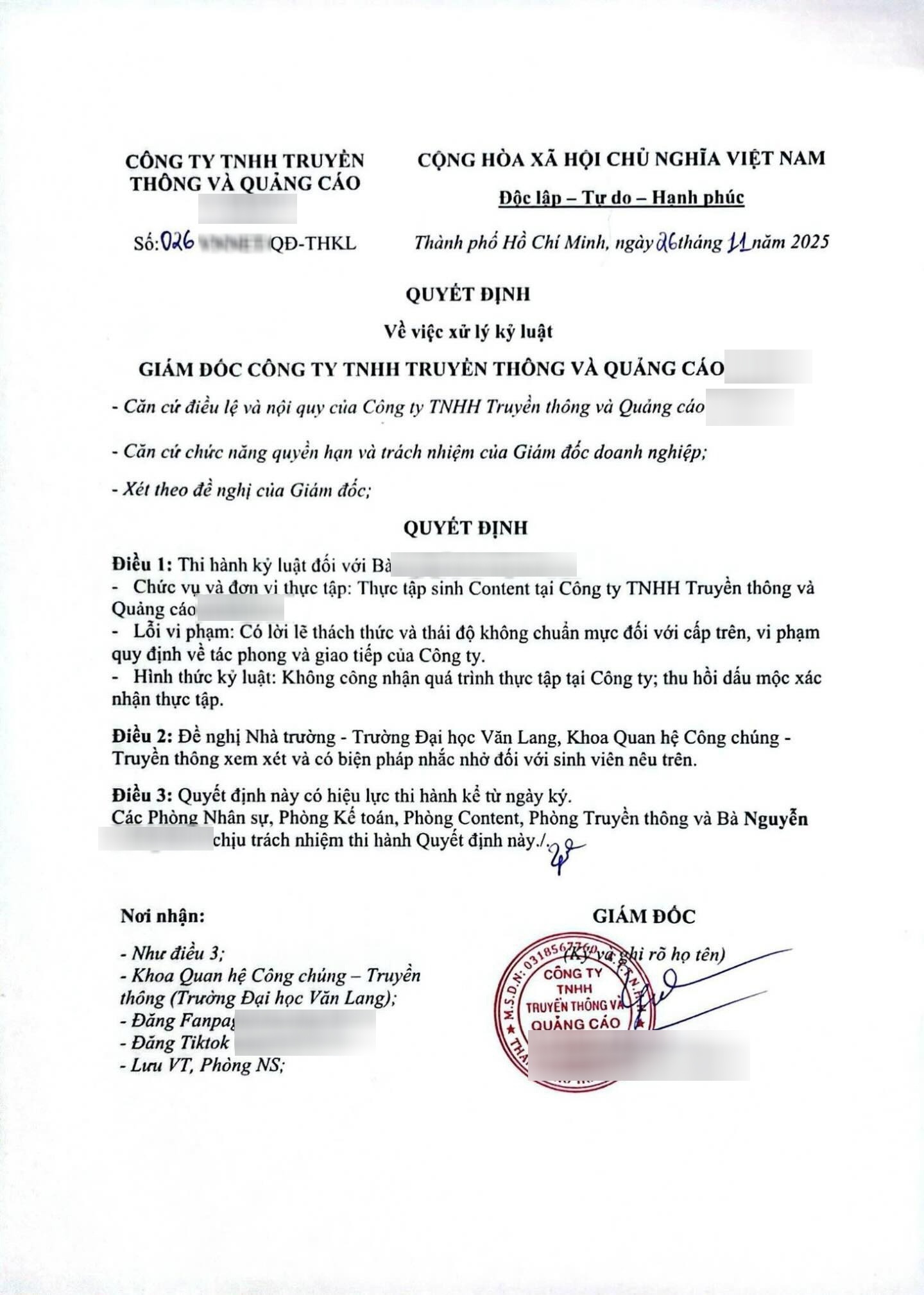 Agency,  DH Van Lang,  ky luat anh 2