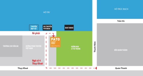 Bạn trẻ có thể qua lối ngõ số 4 Thụy Khuê (xưởng phim truyện Việt Nam, cạnh vườn hoa Lý Tự Trọng), đi hết ngõ và rẽ phải ra đường ven hồ để đến PATO. Độc giả vào đây (add link: http://must.vn/gopato) hoặc gọi 099 636 7734099 636 7734 để biết thêm thông tin chi tiết.