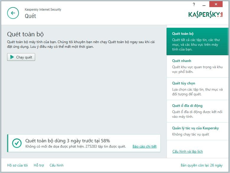 Ngay sau khi cài đặt KIS 2015, người dùng cần thực hiện tác vụ Quét toàn bộ để làm sạch virus trên máy tính.