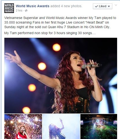 Dòng chia sẻ trên fanpage World Music Awards.