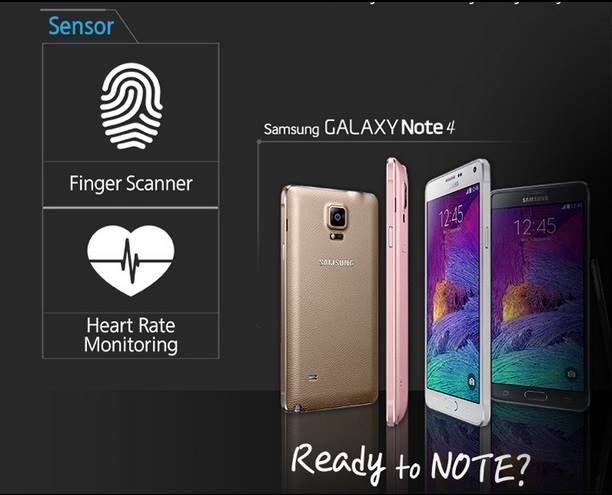Galaxy Note 4 còn được bổ sung cảm biến vân tay và các cảm biến chăm sóc sức khỏe tiện lợi. Sản phẩm có 4 màu đen tuyền, trắng tuyết, vàng đồng và hồng phấn mang đến nhiều lựa chọn cho người dùng.