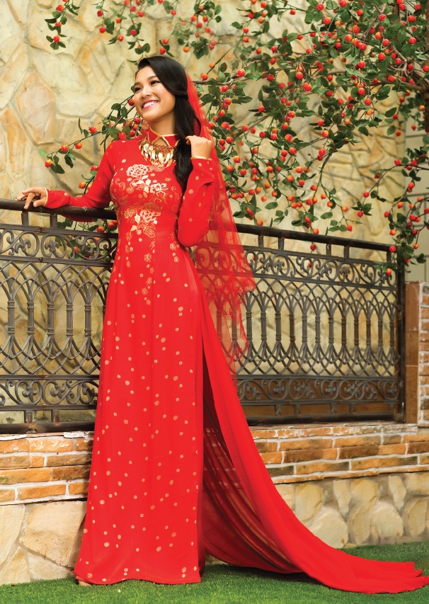 Hoàng Oanh rạng rỡ trong mẫu áo dài cưới. 