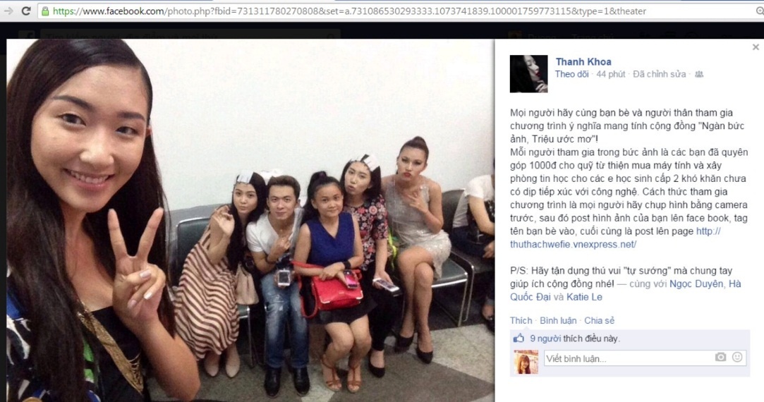 Thanh Khoa khoe ảnh wefie với bạn bè và kêu gọi mọi người tham gia cùng mình.