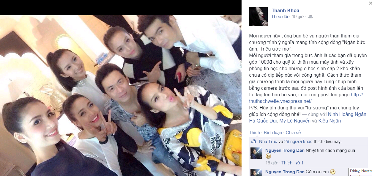 Thanh Khoa kêu gọi tham gia đóng góp quỹ “Ngàn bức ảnh, triệu ước mơ”.