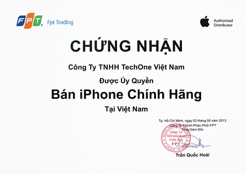 Chứng nhận đại lý phân phối iPhone chính hãng.