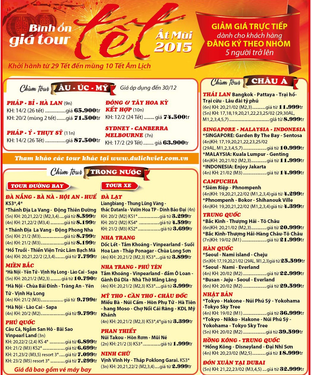 Nhiều tour tết giá bình ổn tại công ty Du Lịch Việt.