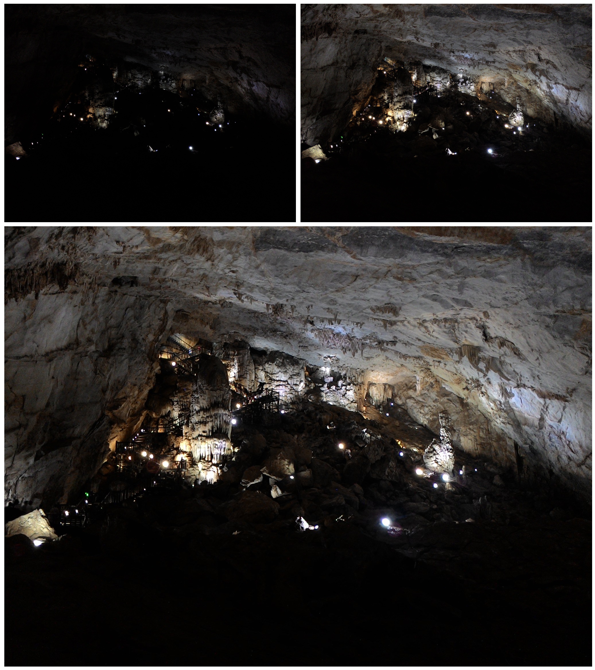 Tác phẩm Động Thiên Đường chụp ở các chế độ khác nhau: Auto (hình nhỏ, bên trái), Night (hình nhỏ, bên phải) và Low Light (hình lớn).