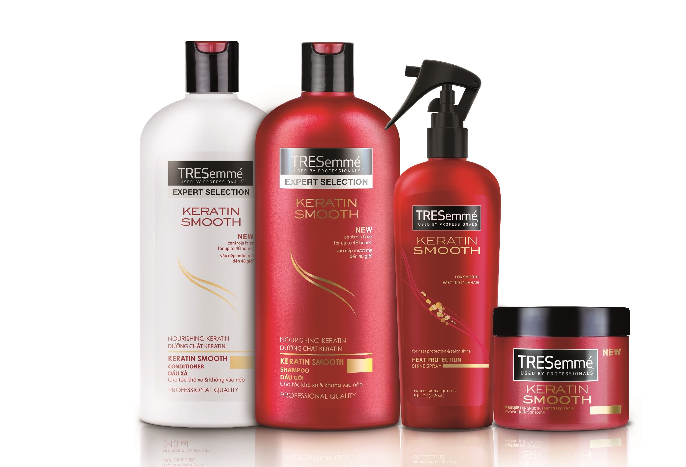 Phái đẹp cũng nên sử dụng xịt bảo vệ tóc chứa Keratin như TRESemmé Keratin Smooth để bảo vệ tóc khỏi những hư tổn do tạo kiểu bằng nhiệt, đem đến cho các fashionista mái tóc óng ả chuẩn salon.