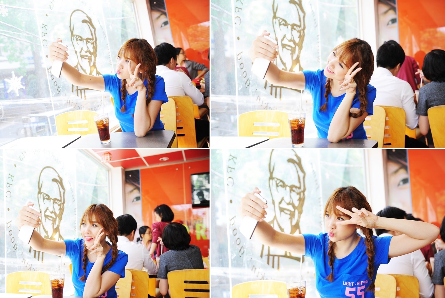 Buổi sáng đẹp trời, Hari Won có mặt tại một cửa hàng ăn nhanh. Cô không quên chụp ảnh check-in để cập nhật trên facebook.