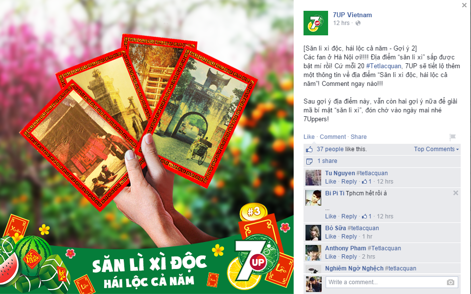 Hoạt động giải mật mã để tìm ra điểm đến tiếp theo của sự kiện “Săn lì xì độc, hái lộc cả năm” vẫn tiếp tục diễn ra trên fanpage của 7UP (add link https://www.facebook.com/7UPVietnam.fanpage ). 50 triệu đồng tiền mặt, iPhone 6, phong bao trị giá 500.000 đồng cùng hàng trăm giải khuyến khích là hàng trăm 7UP/Revive/Mirinda đến từ đơn vị tổ chức Suntory PepsiCo Việt Nam là những giải thưởng mà người tham dự sự kiện trực tiếp có cơ hội nhận được.