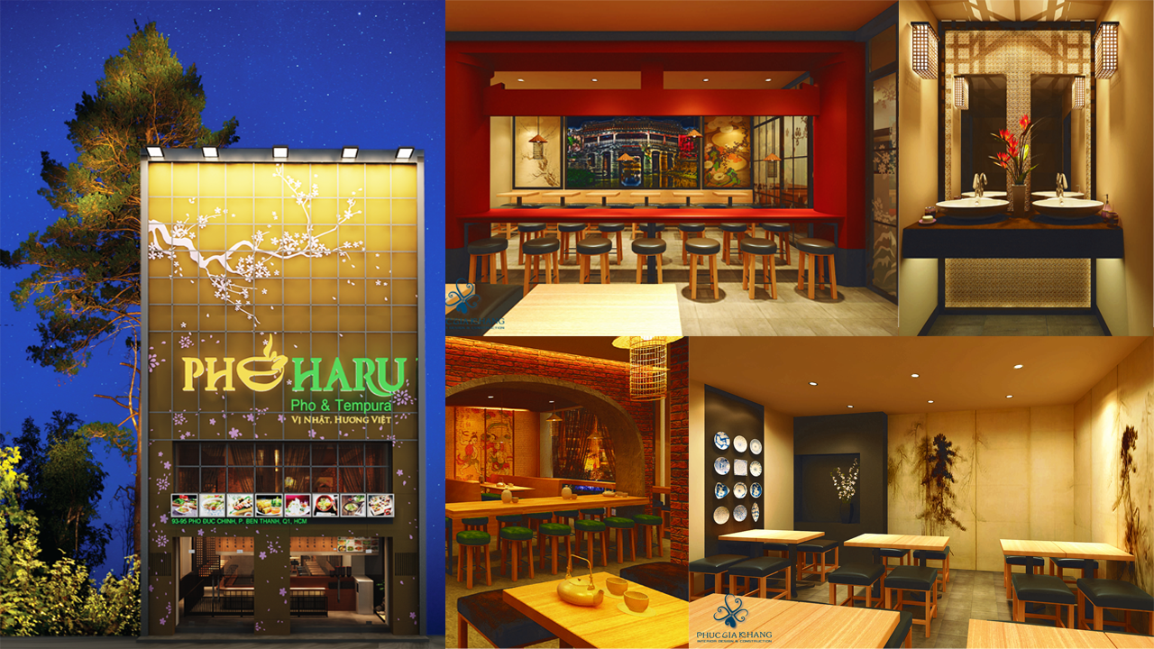 Nội và ngoại thất của phở Haru qua thiết kế của Trúc Nhi.