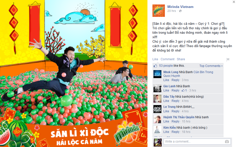 Các bạn trẻ gấp rút truy tìm địa điểm tổ chức cuộc đua săn lì xì trên fanpage của Mirinda.