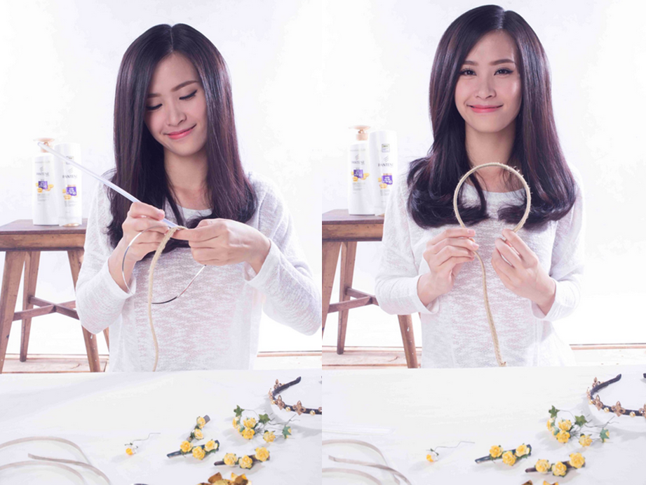 Dùng keo để kết dính dây thừng xung quanh chiếc băng đô. Đừng quên bọc kĩ hai đầu băng đô để khi đeo bạn không bị đau bởi đầu nhọn của băng đô nhé!