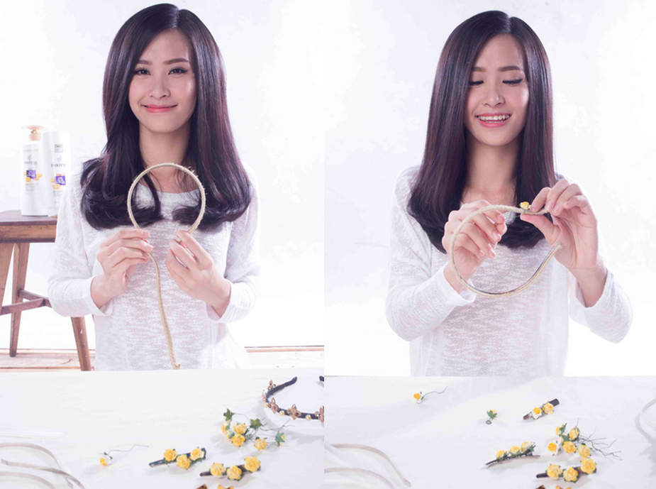 Đính chút “mùa xuân” lên tóc bằng những bông hoa mai, hoa đào bằng giấy mua ở những cửa hàng bán phụ liệu làm thiệp handmade. Những loại hoa giả này đã có sẵn phần đuôi kẽm nên rất dễ đính vào băng đô.