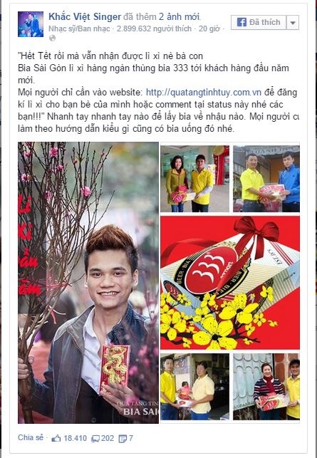 Status khoe lì xì trên fanpage Facebook Khắc Việt.