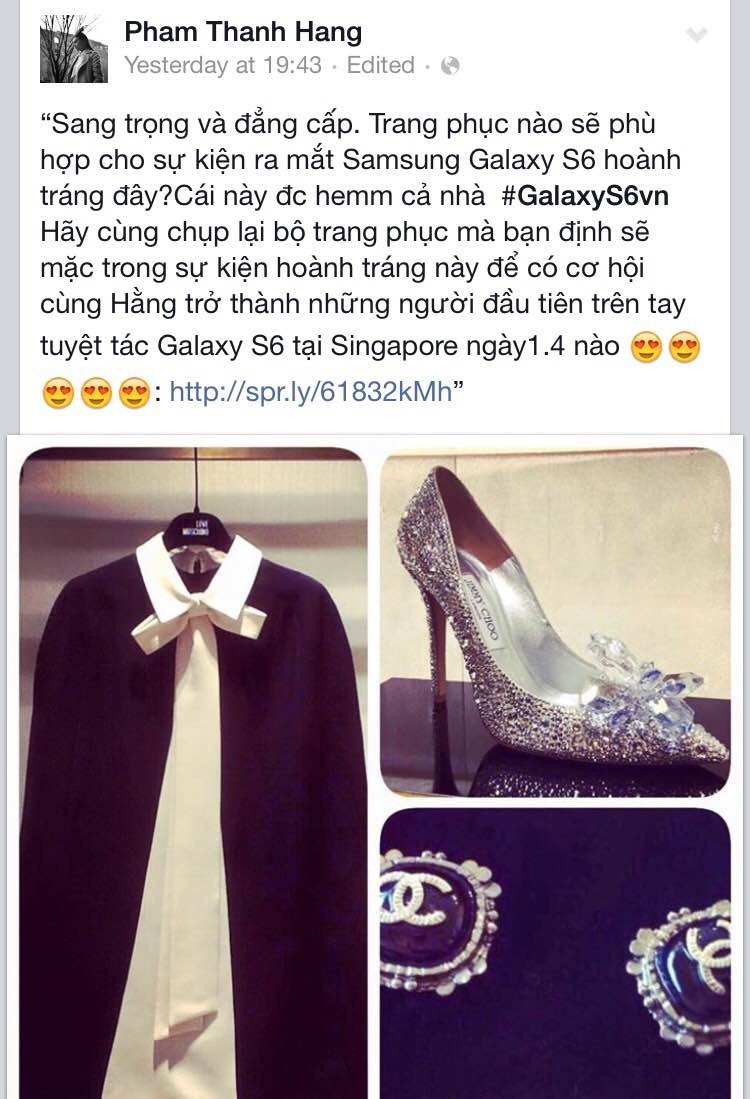 Các nhãn hiệu thời trang Jimmy Choo, Chanel, và phụ kiện công nghệ Galaxy S6 được Thanh Hằng tin tưởng lựa chọn, nhằm tôn nét sang trọng, cuốn hút của mình tại sự kiện diễn ra ở Singapore.