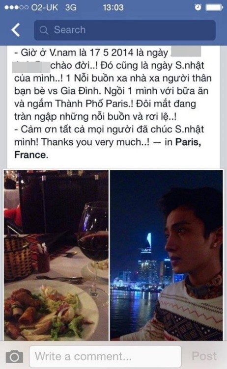 Một thanh niên chụp hình tự sướng ở Việt Nam nhưng lại viết một status mùi mẫn và check-in đang ở Paris, Pháp.