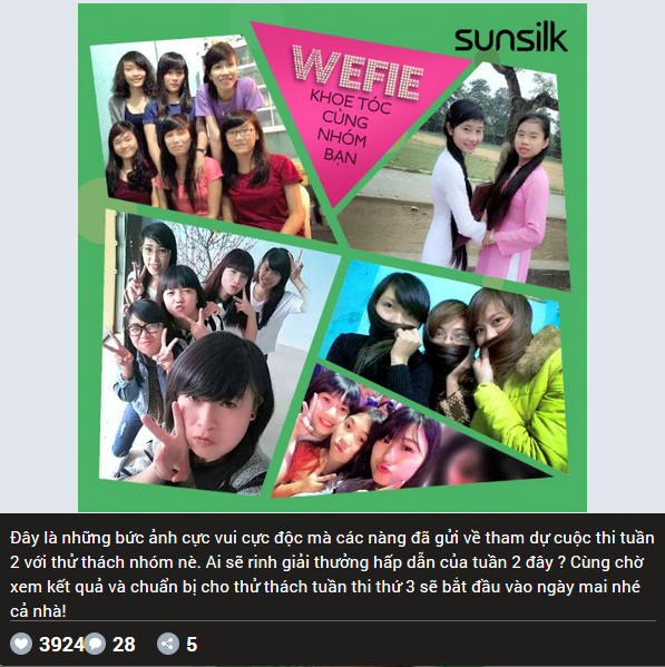   Trải qua 3 tuần, hơn 500 bạn trẻ đã gửi hàng nghìn bức ảnh, clip thú vị về mái về Zalopage Sunsilk. Các chủ đề Chụp ảnh selfie với tóc, Rủ bạn bè cùng chụp wefie với tóc, Quay clip ngắn ghi lại khoảnh khắc vui đùa cùng mái tóc… được các bạn gái hưởng ứng rất nhiệt tình.