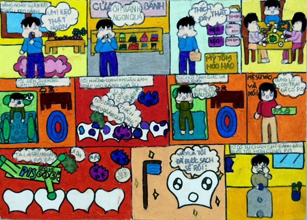 Thói quen ăn quá nhiều đồ ngọt của các bạn nhỏ được Hoàng Khánh Huyền hóm hỉnh thuật lại qua nét vẽ ngộ nghĩnh.