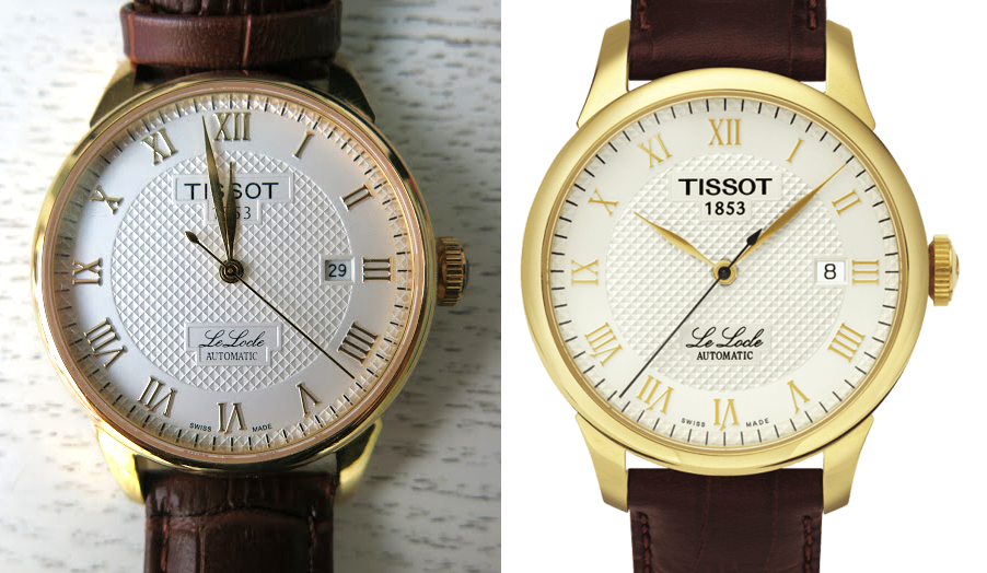 Đồng hồ giả (bên trái) nhái theo mẫu Tissot Le Locle