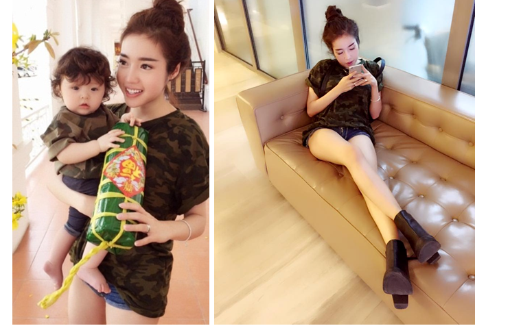 Mẹ con Elly Trần vô cùng đáng yêu khi diện trang phục đôi có họa tiết rằn ri ấn tượng.