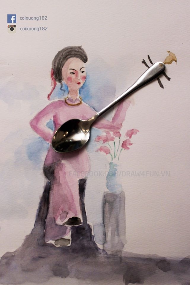 Bức tranh cô gái và đàn tì bà làm từ chiếc thìa của Quang Huy.