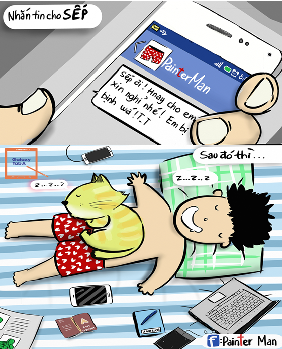 Trong khi đó, thông qua 2 nhân vật Quần Tim Đỏ và Lắm Lông Đuôi Dài, Painter Man nhắc khéo dân văn phòng về thói quen “nghỉ bệnh