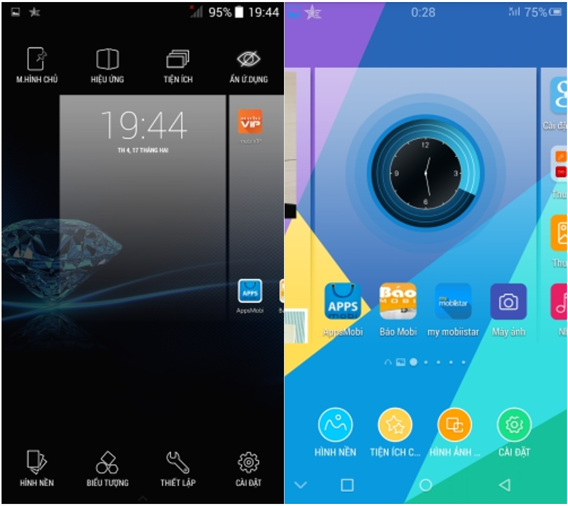 Khi chạm lâu ở ngoài màn hình chính để hiện ra các tuỳ chọn, giao diện Prime X có vẻ đơn giản hơn còn launcher trên Prime Xense lại chọn phong cách nhiều màu sắc bắt mắt.