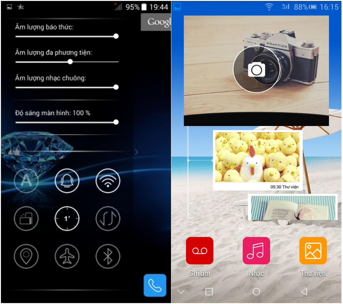 Khi vuốt qua trái, Prime X cho phép tùy chỉnh độ sáng màn hình và âm thanh. Trong khi đó launcher của Prime Xense cung cấp cho người dùng chế độ tương tác nhanh với album ảnh và nhạc.