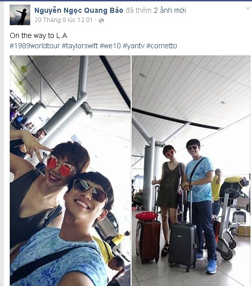 Quang Bảo, Tóc Tiên lên đường sang Mỹ theo dõi buổi biểu diễn tối 22/8 của Taylor Swift.