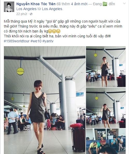 Trên trang cá nhân, cô chia sẻ: “Mỗi tháng qua Mỹ ít ngày gọi là gặp gỡ những con người tuyệt vời của thế giới. Tháng trước là siêu mẫu, tháng này đi gặp siêu ca sĩ xem mình có đứng tới nách bạn ấy không. Thôi khỏi nói ra ai cũng biết ha, bạn ấy với mình bằng tuổi đó”.