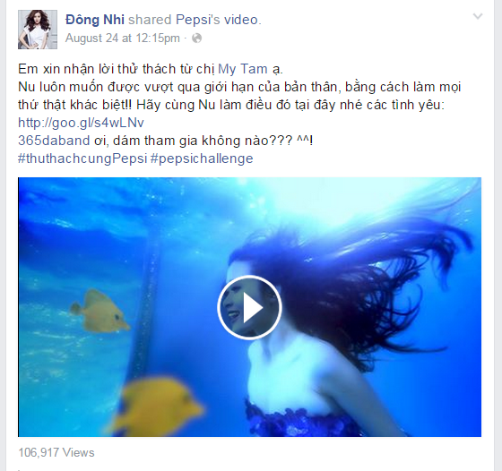 Đông Nhi nhận lời thách đấu từ Mỹ Tâm và hóa thân thành mỹ nhân ngư xinh đẹp dù rất sợ nước và không biết bơi.