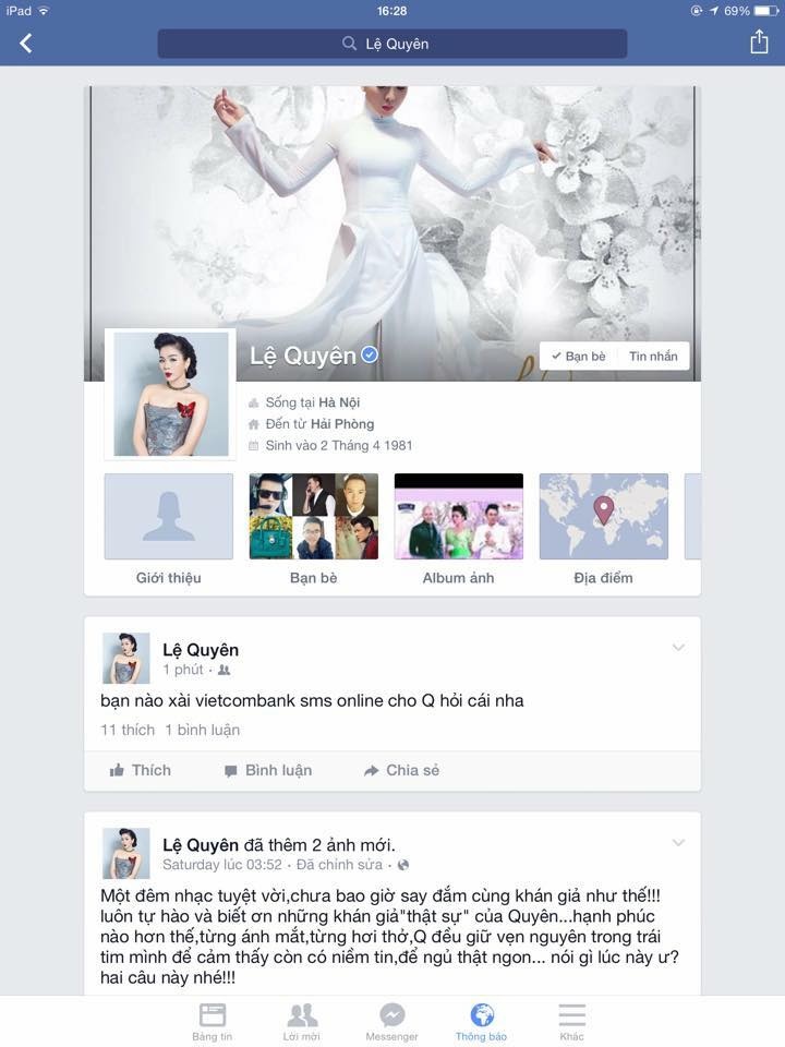 Facebook của Lệ Quyên bị hacker chiếm đoạt và dùng đi lừa đảo nhiều người.