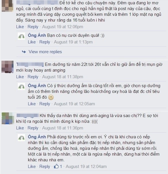 Hương Thủy trả lời mọi thắc mắc của các facebooker về việc chăm sóc da chống lão hóa.