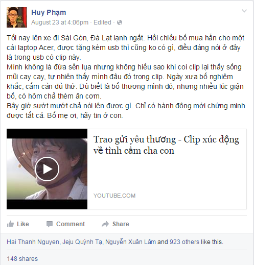 Đoạn clip đã nhanh chóng được chia sẻ và nhận được sự đồng cảm của rất nhiều facebooker
