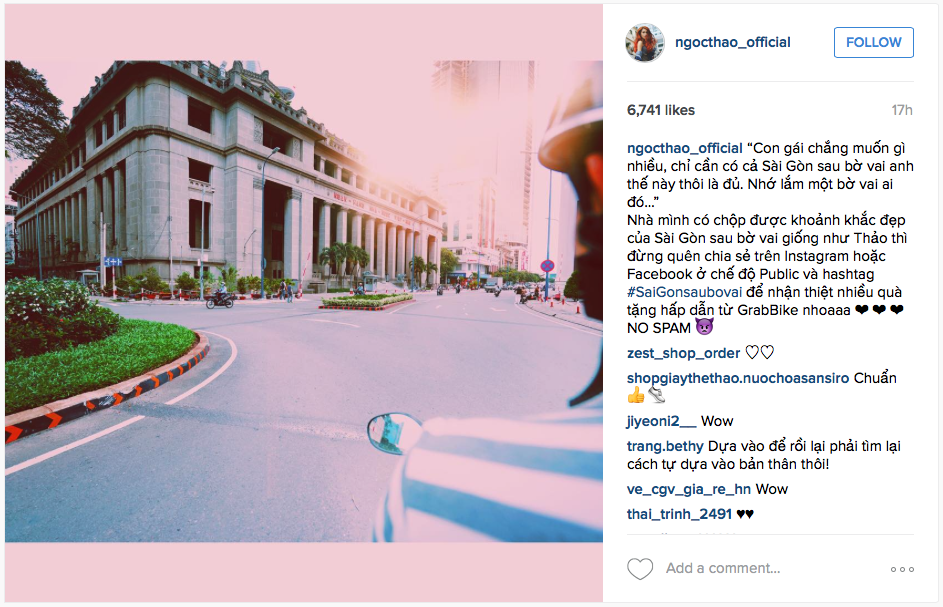 Hotgirl Ngọc Thảo không nằm ngoài trào lưu mới nổi. Cô chia sẻ tấm ảnh chụp Sài Gòn trong nắng chiều rực rỡ và đăng tải lên Instagram với lời tâm sự: “Con gái chẳng muốn gì nhiều, chỉ cần cả Sài Gòn sau bờ vai anh thế này thôi. Nhớ lắm một bờ vai ai đó”.