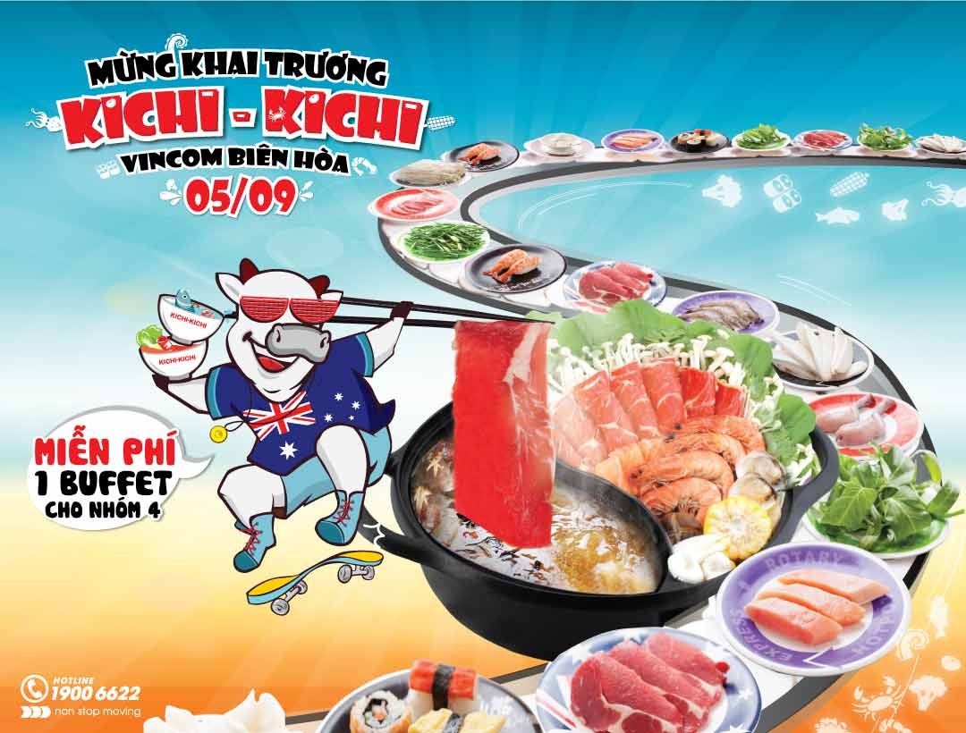 Đặc biệt, nhân dịp khai trương Kichi Kichi Vincom Biên Hòa tặng ngay 1 buffet cho mỗi nhóm 4 khách thưởng thức lẩu băng chuyền tại nhà hàng cùng nhiều chương trình ưu đãi hấp dẫn khác.