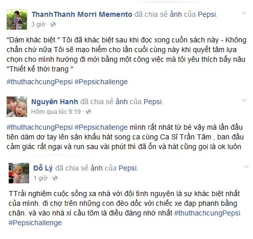   Trên mạng xã hội, giới trẻ liên tục chia sẻ thử thách khác biệt của mình kèm hashtag #thuthachcungpepsi #pepsichallenge.   