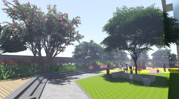 Khu vui chơi dành cho trẻ em phủ bóng cây mát mẻ.