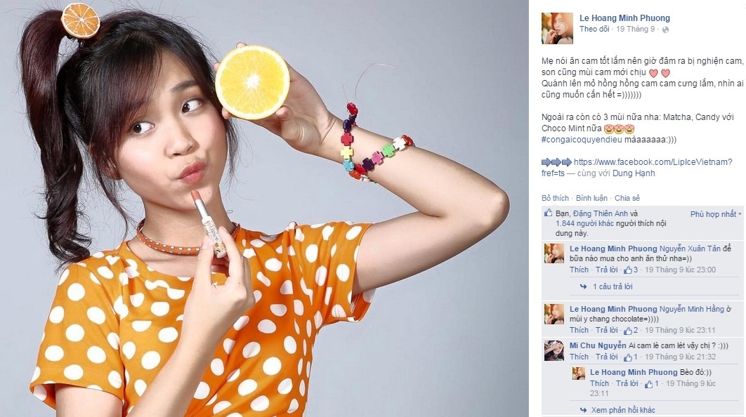 Hot girl Phương Titi chúm chím khi son môi cam bỗng chuyển thành hồng ánh cam.