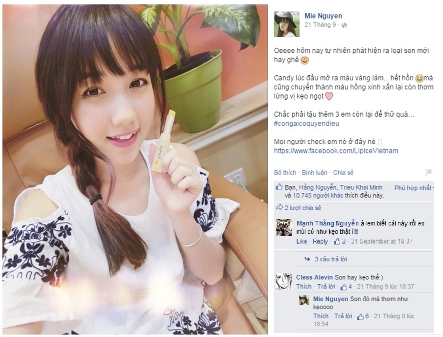Hot teen Mie Nguyễn vừa bất ngờ vừa thích thú với phát hiện mới của mình khi son Candy từ màu vàng của kẹo bất ngờ chuyển sang màu hồng khi thoa lên môi.