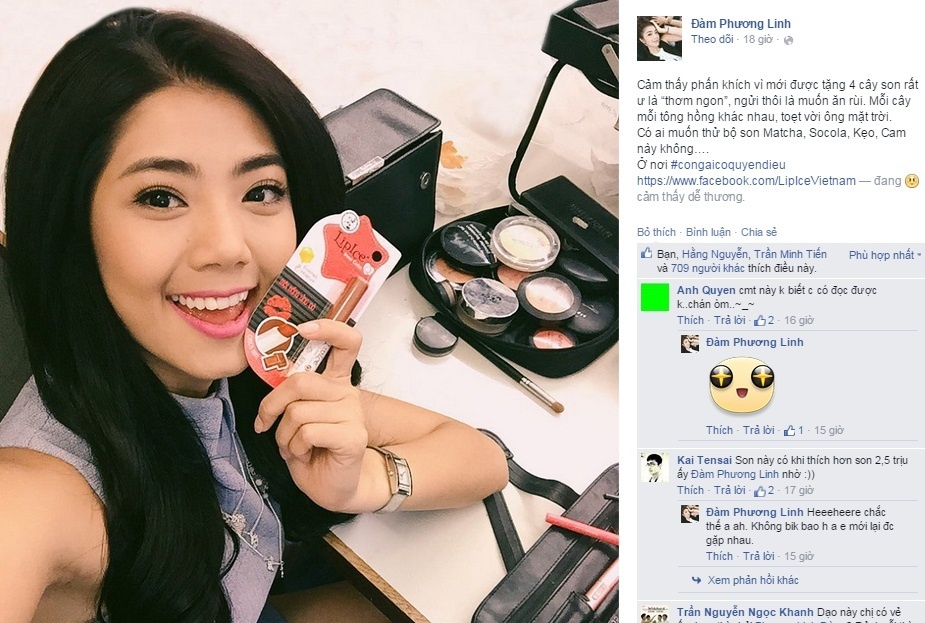 VJ Đàm Phương Linh thì vô cùng phấn khích khi được tặng 4 cây son rất ư là “thơm ngon” và chỉ có thể “tự sướng” để chia sẻ ngay đến mọi người.