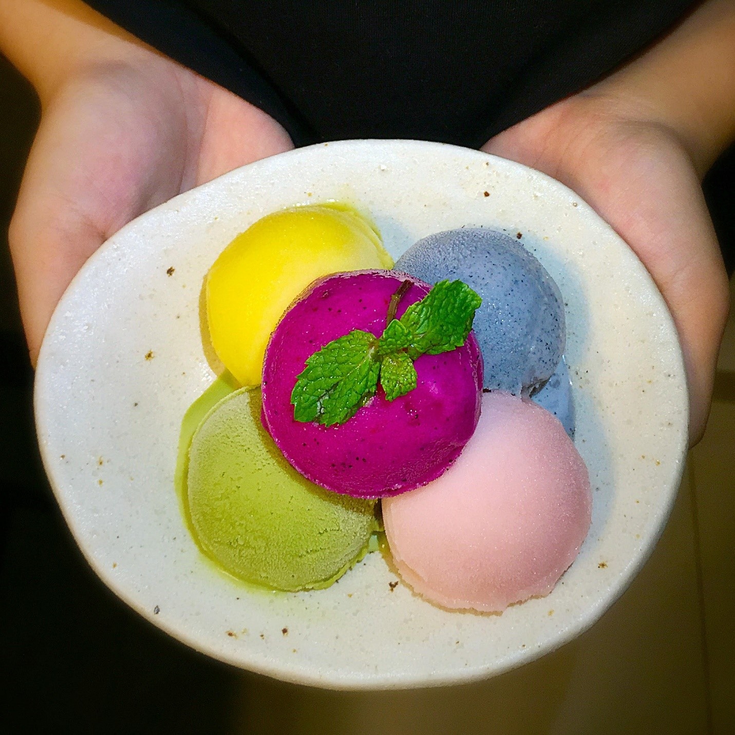   Kem 5 vị với những trái cây chọn lọc từ vườn gia đình. Khách chụp hình, checkin facebook sẽ được mua kem với giá 45.000 đồng (giá niêm yết 85.000 đồng).   