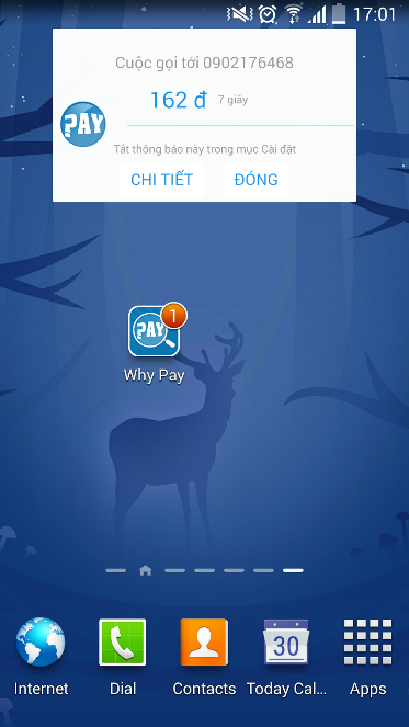 Whypay thông báo tiền cước ngay khi cuộc gọi vừa kết thúc.