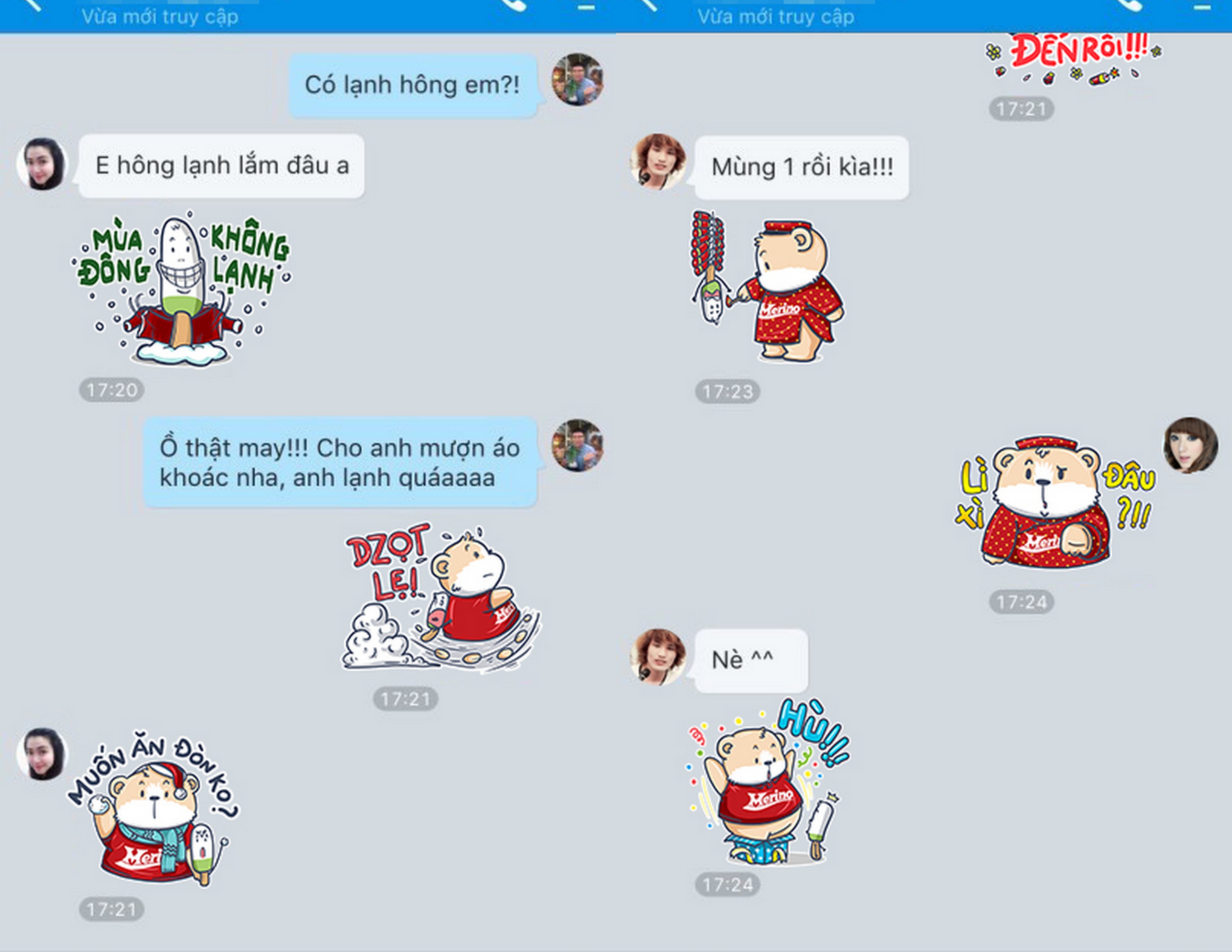 Bộ sticker dễ thương hiện được các bạn trẻ rất hào hứng sử dụng. Click và download theo link sau nếu bạn đang online bằng mobile: http://dev.sticker.api.zaloapp.com/detail?cid=5c9ee153dd1634486d07.