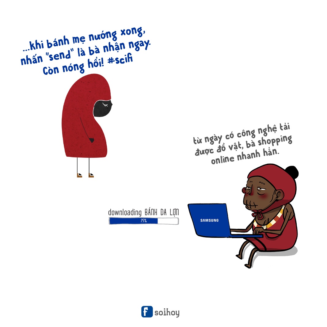 Bitch Quàng Khăn Đỏ mong muốn trong tương lai cuộc sống được hỗ trợ bởi nhiều phát kiến công nghệ, ví dụ máy in 3D biến món ăn từ ảnh chụp trở thành đồ ăn thật, các phương tiện giao thông giúp di chuyển nhanh như chớp hay dụng cụ dịch chuyển đồ vật qua mạng chỉ bằng một cái click chuột để Khăn Đỏ không phải băng rừng đem bánh cho bà ngoại.