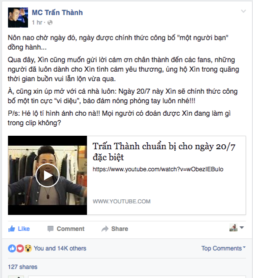 Trấn Thành sắp công bố ngày trọng đại ảnh 1 Tran Thanh sap cong bo ngay trong dai anh 1